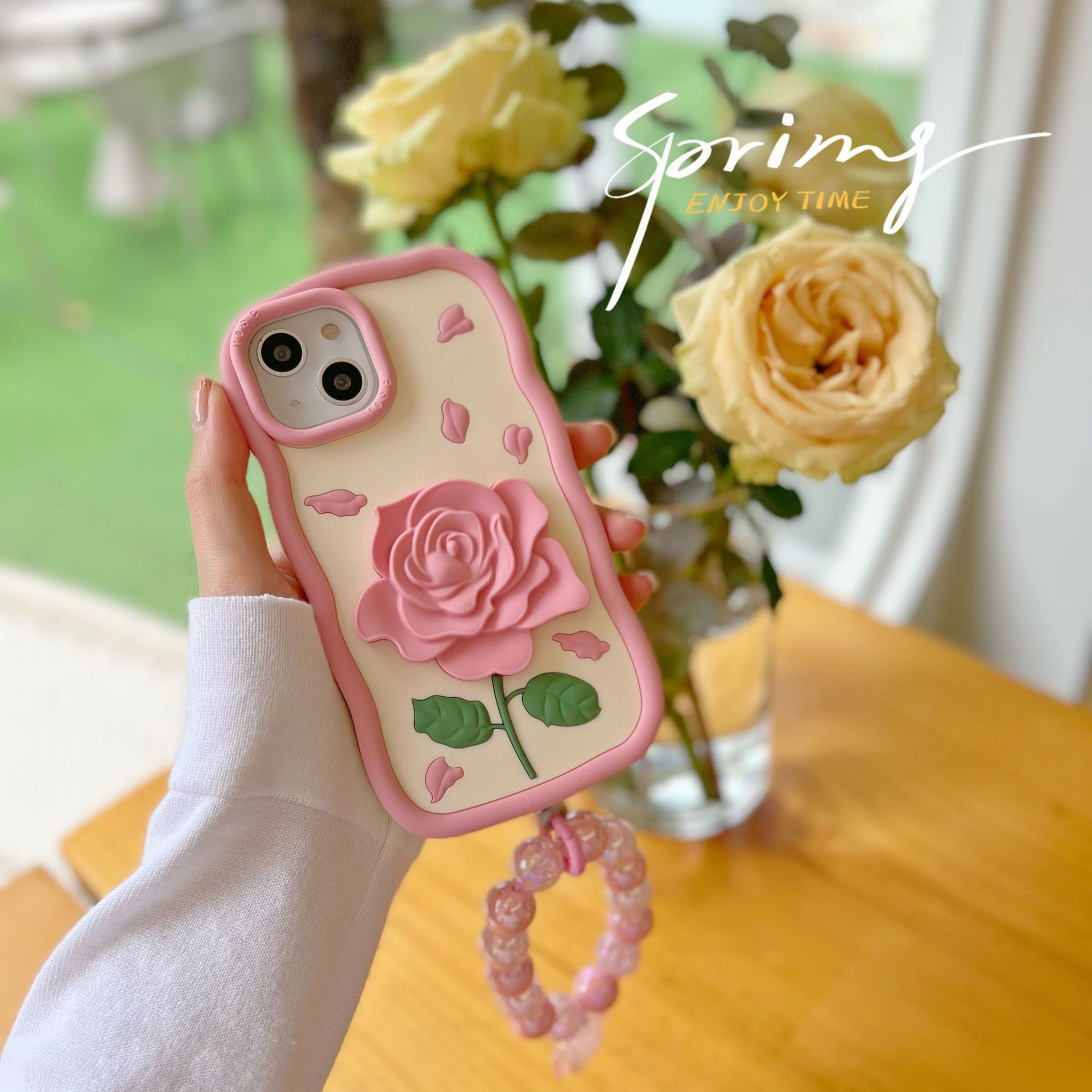 cassa del telefono floreale dei fiori rosa del silicone del fumetto 3D all'ingrosso libero di DHL l'iphone 14 13 12 Pro Max i11 14pro 13pro 12pro Custodia morbida in gel di silice antiurto + cinturino perlina ragazza