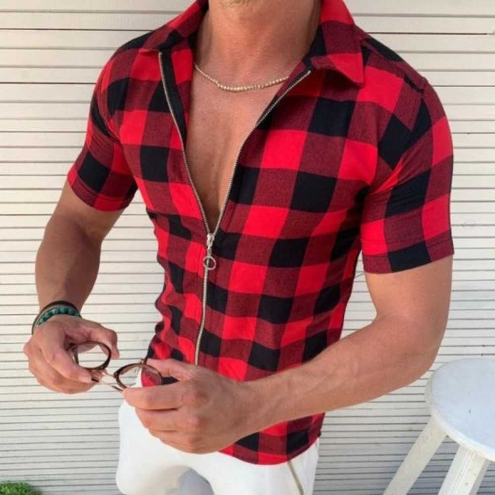 Men's zippered plaid lapel shirt short sleeved cardigan fitted top fashionable