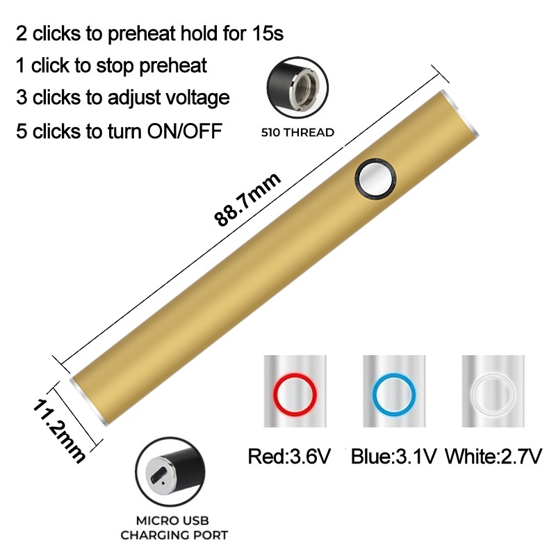 Oryginalna maksymalna akumulator 11,2 mm Baterie kasetowe USB Passhrough 380 mAh Podgrzewanie napięcie VV vape Pen Pen Fit 510 wózków producent Bezpośrednie zasilanie