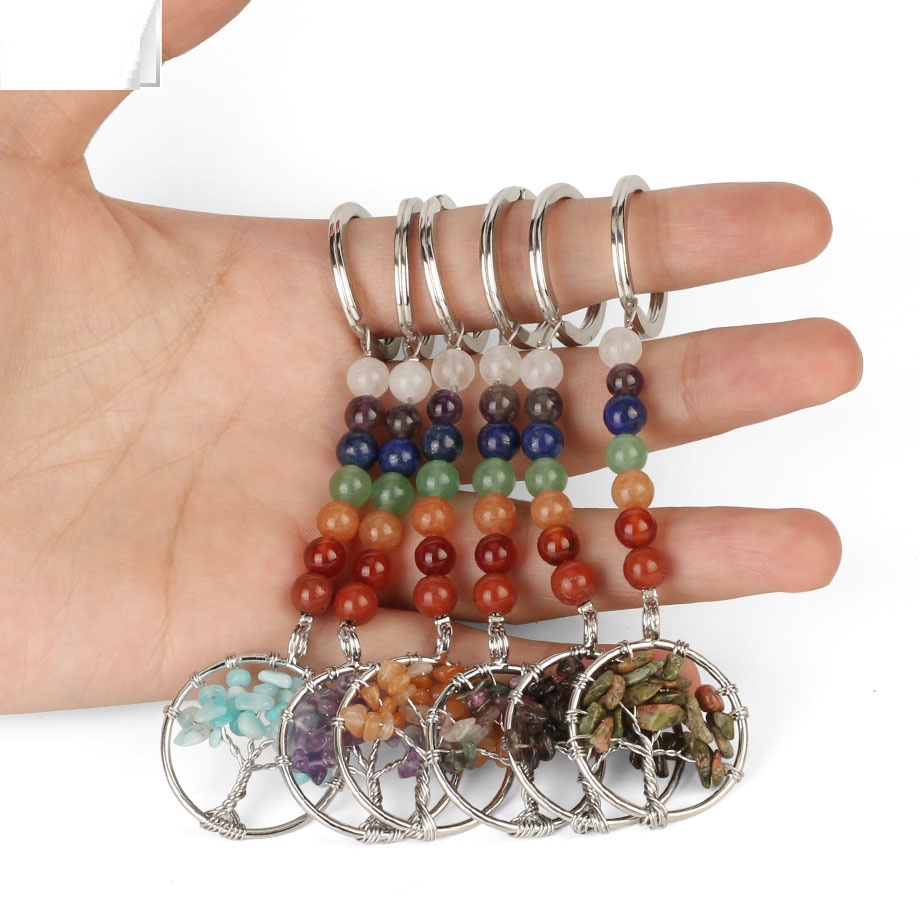 Naturstein 7 Chakra Schlüsselanhänger Energie Yoga Reiki Baum des Lebens Anhänger Schlüsselhalter für Frauen Accessoires Schmuck