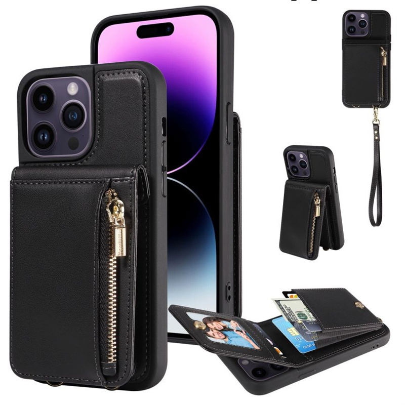 Rits portemonnee standaard telefoonhoesje met kaartsleuven voor iphone 14 pro max 13 mini 12 11 pro max xr xs 6 7 8 se samsung s23 ultra s22 plus pu lederen schokbestendige achterkant