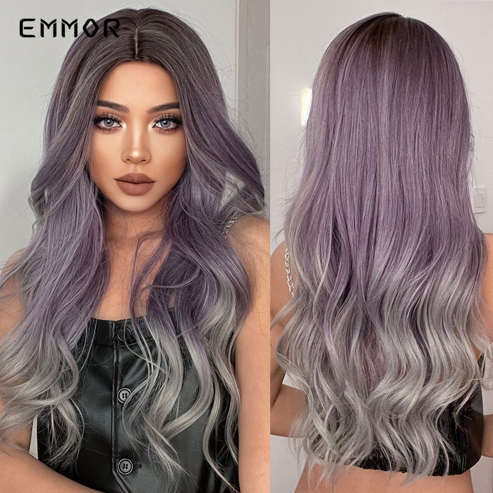 Parrucche sintetiche Ombre da viola a argento donna Parrucche lunghe ondulate parte centrale Parrucche Cosplay Capelli finti Fibra resistente al calore Parruccafabbrica diretta