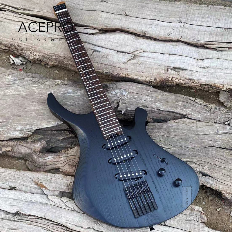 Acepro Headless Electric Guitar Stainless Steel Frets Satin Finish Ash Body Roasted Maple Neck Black Hardware 3 Single Pickups