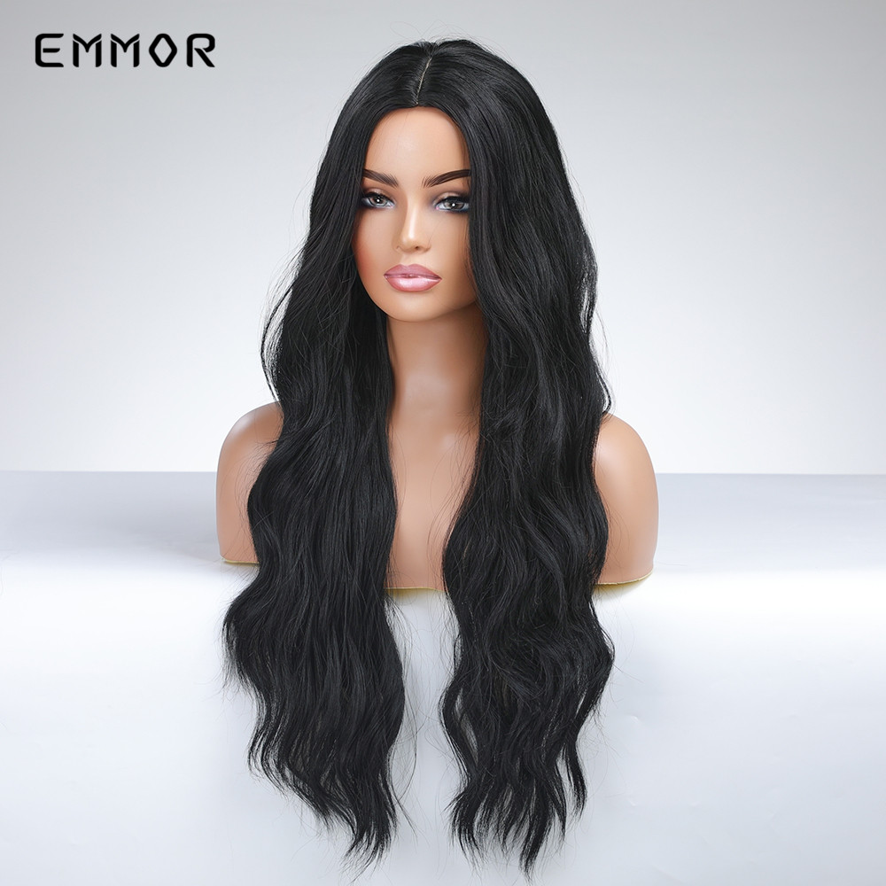 Synthetic Long Natural Black Water Wavy Wigs Dark Brown Wave Hair Wig for Women Heat Resistant Fiber Hair Wigfactory direct