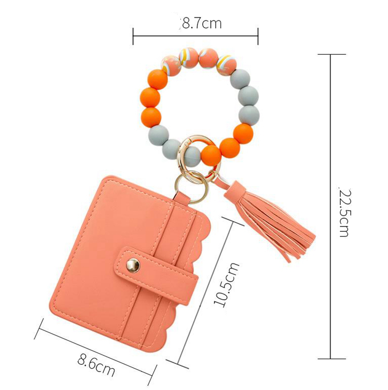 Silikonpärlor Key Ring Armband med TASSEL Card Plånbok Girls Elastic Keyring Bangle Keychain Armband Wristlet Fashion Smycken 6 Färger DW6881