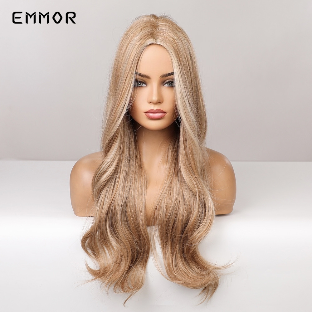 Loira Ondulada Longa com Platinum Golden Wigs Natural Synthetic Hair Wigs for Women Cosplay Wigs Heat Resistant Fiber Hair Wigfacto