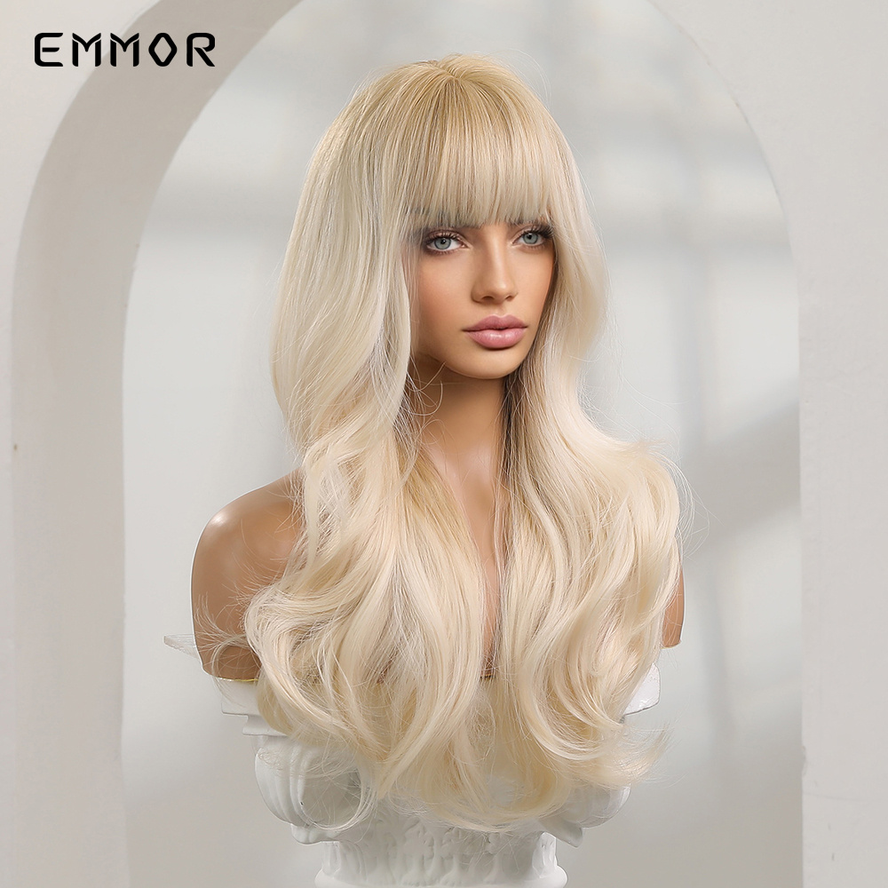 Synthetic Ombre Blonde Platinum Wigs Long Wavy Wig for Women with Bangs Party Daily Heat Resistant Fibre Hair Wigsfactory dir