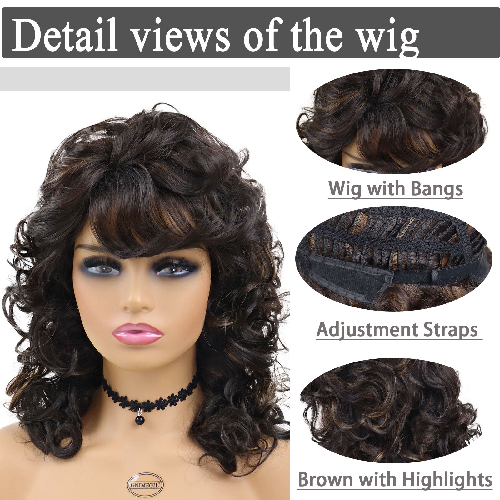 Synthetic Long Curly Wigs with Bangs Brown Wig Highlights African American Wig Curly Wave Heat Resistant Wigs for Womenfactory