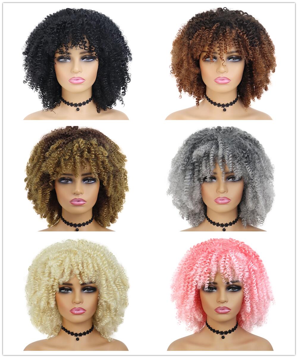 Синтетические чернокожие женщины парик с челкой афро странные вьющиеся парики африканская бомба парик скрученные брюнетки коричневые натуральные парики курдфактор