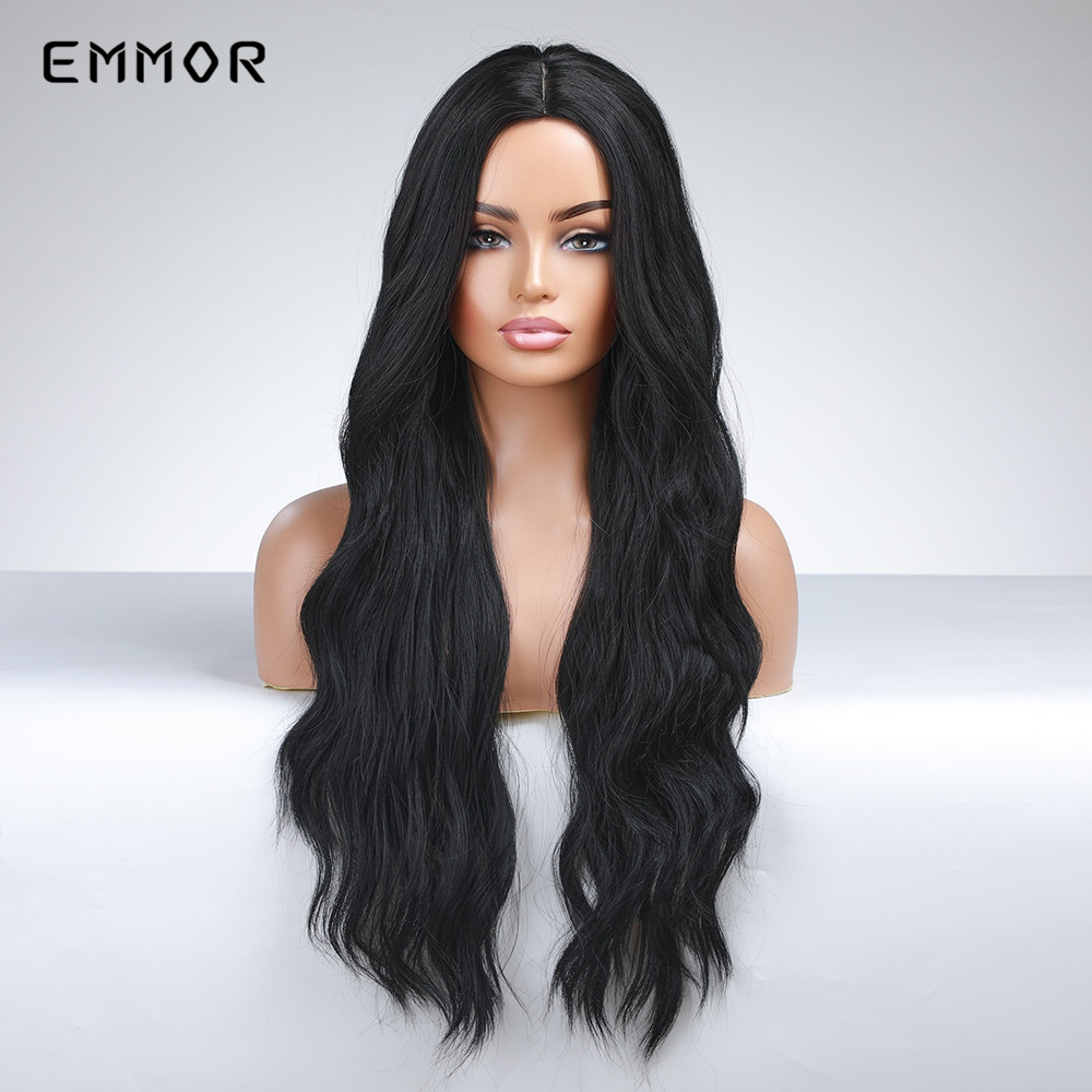 Synthetic Long Natural Black Water Wavy Wigs Dark Brown Wave Hair Wig for Women Heat Resistant Fiber Hair Wigfactory direct