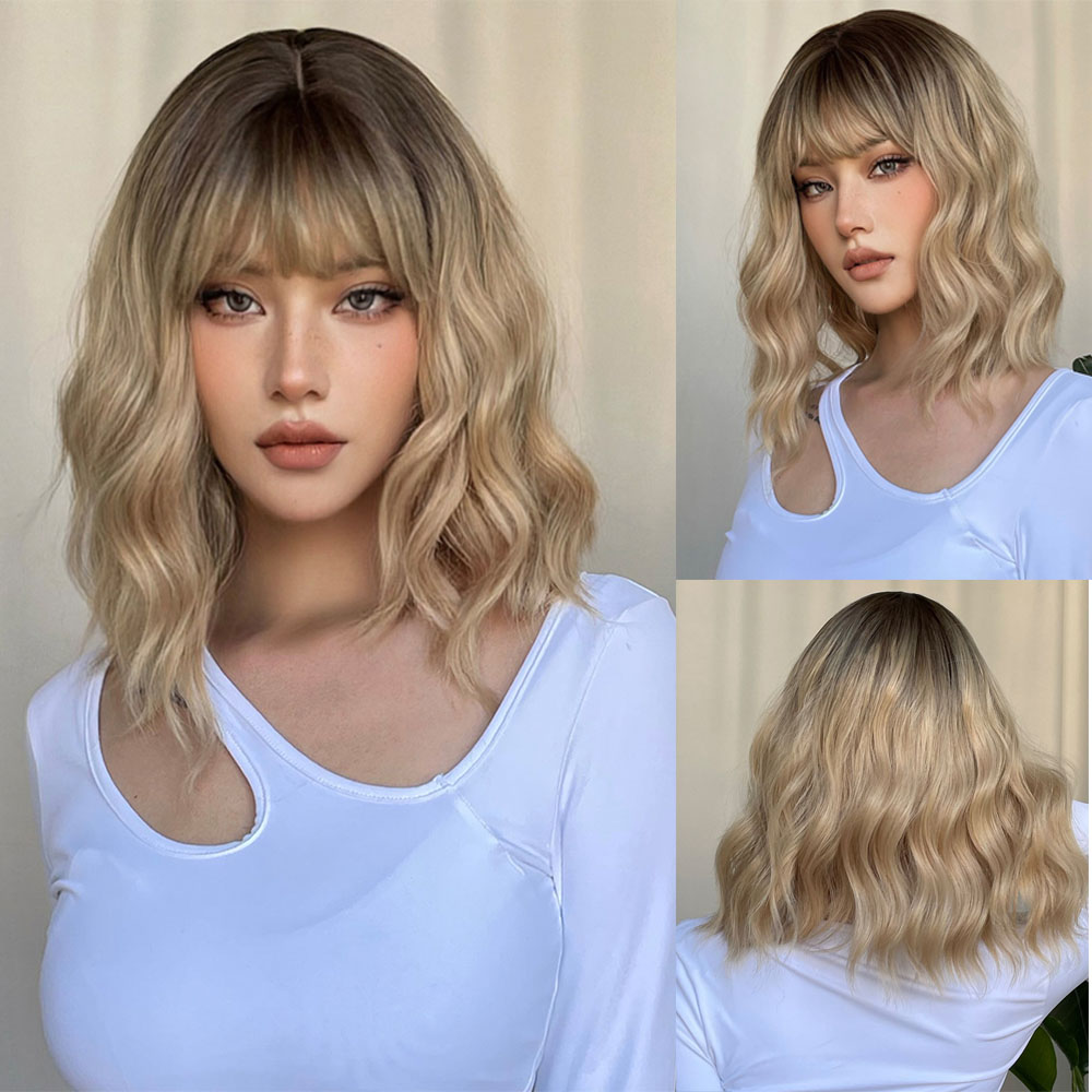 Kort vågig bob syntetisk peruk brun till blond ombre hår peruker för kvinnor med lugg cosplay naturlig peruk värme resistantfactory dir