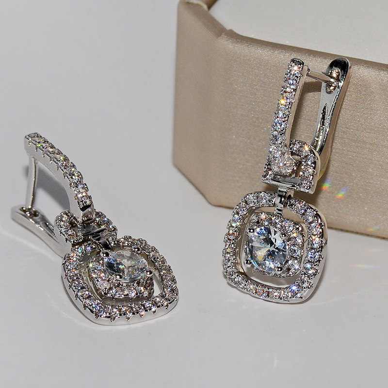 Vecalon Luxury Dingle Earring AAAAA CZ REAL 925 Sterling Silver Statement Party Wedding Drop Earrings For Women Brud SMEEXKE