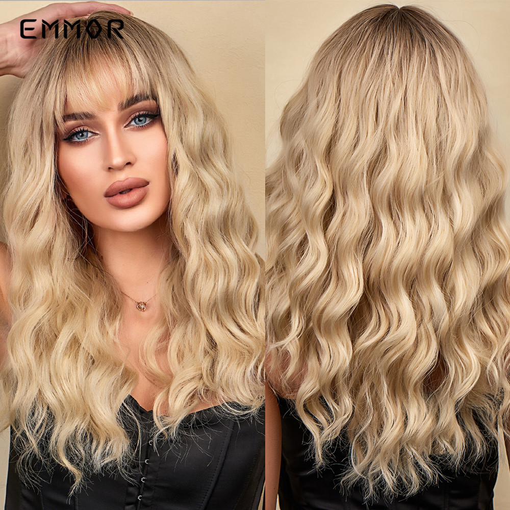 Synthetic Ombre brown to Light Blonde Hair Wig with Bangs Natural Wavy Wig for Women Cosplay Heat Resistant Fiber Wigsfactory d