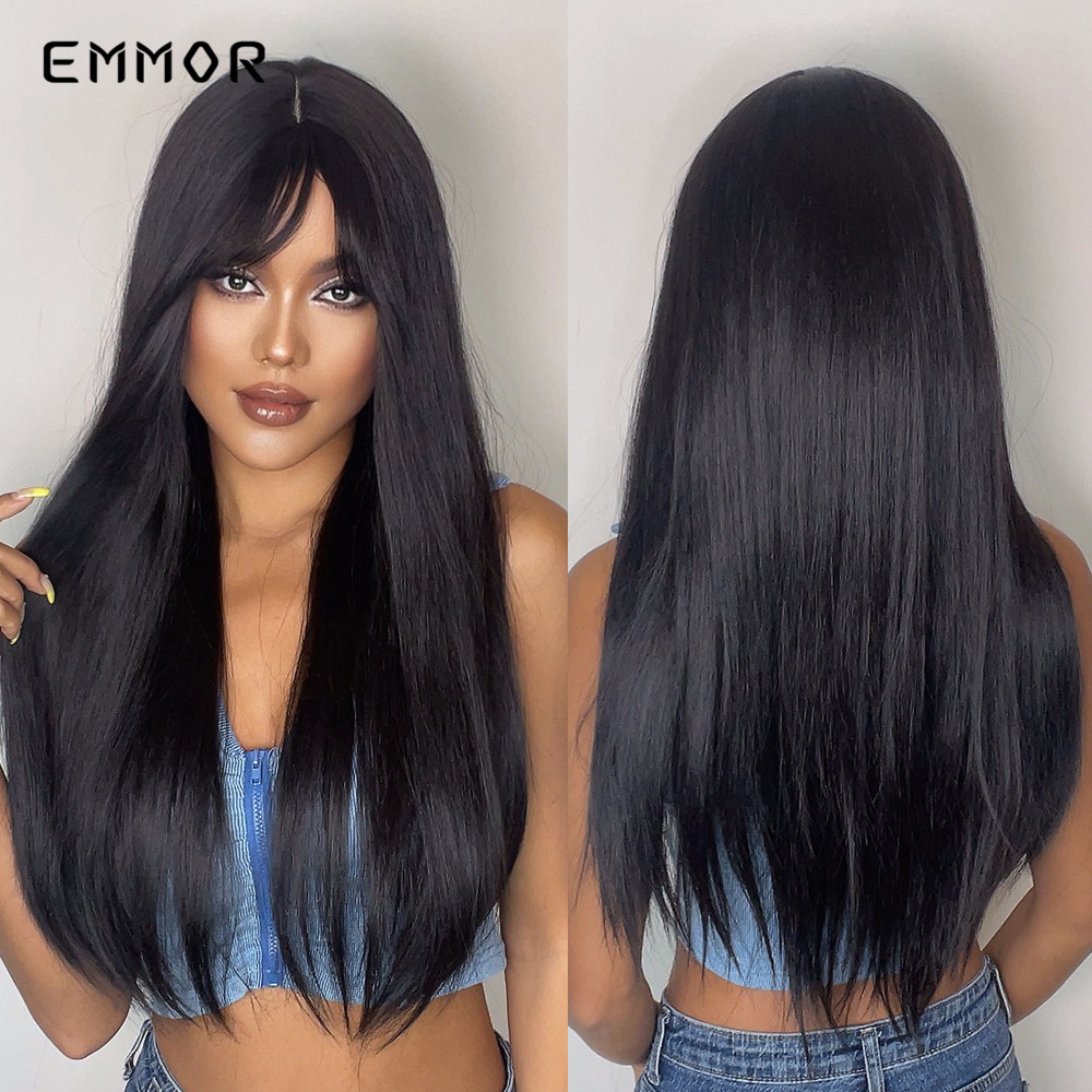 Synthetic Long Black Straight Wig With Bangs Hair Wigs Cosplay Natural Heat Resistant Wigs for Women Daily Hair Wigfactory di