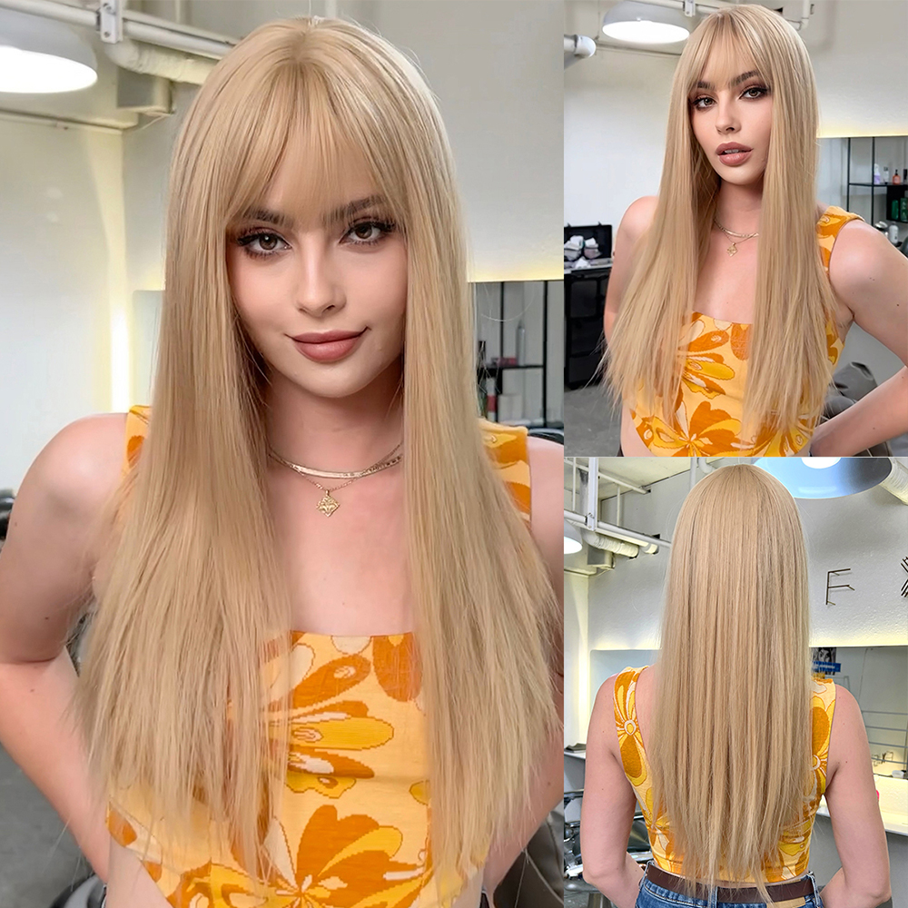 Blonde légère longue perruque synthétique droite Cosplay Hair Wig With Bangs Party Daily Heat résistant à Womenfactory Direct