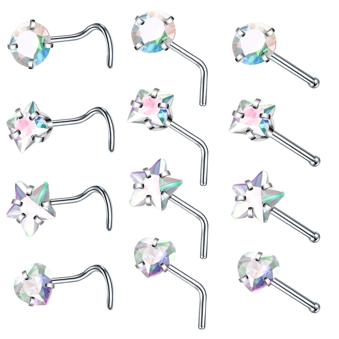 Anéis de nariz Studs Stud de nariz de zircônio em forma de coração redondo de cinco estrelas, haste reta multicolorida, ornamento de punção de haste dobrada