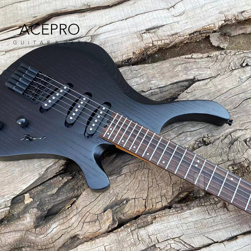 Acepro Headless Electric Guitar Stainless Steel Frets Satin Finish Ash Body Roasted Maple Neck Black Hardware 3 Single Pickups