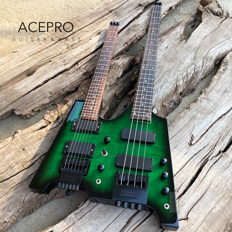 Chitarra elettrica senza testa a doppio manico Green Burst Flamed Maple Tremolo Chitarra a 6 corde + Combo basso a 4 corde Hardware nero