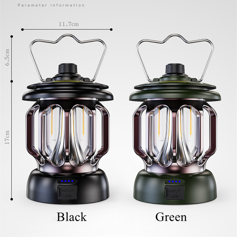 Retro Camping Lantern, Rechargeable LED Vintage Camp Lamp, Waterproof Battery Powered 3 Lighting Modes, Portable Dimmable Outdoor Hanging Tent Light for Yard Terrace