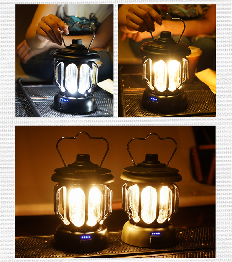 Lanterna da campeggio retrò, lampada da campo vintage a LED ricaricabile, 3 modalità di illuminazione alimentate a batteria impermeabile, luce tenda da esterno portatile dimmerabile terrazza da giardino