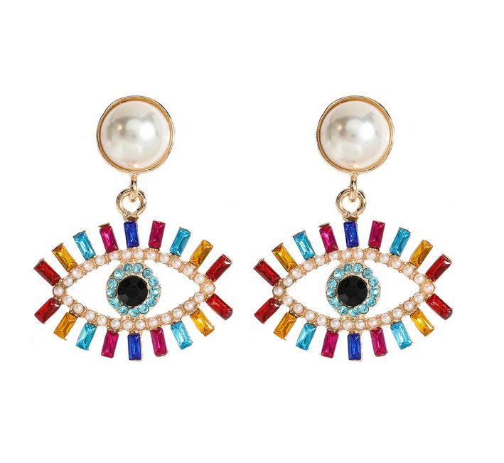 Evil Eyes Drop Earrings Stud for Women Girls Gift Fashion Acrylic Crystal Rhinestone Pearl Statement Dangles Wedding Party Iced Out Ear Charm Jewelry