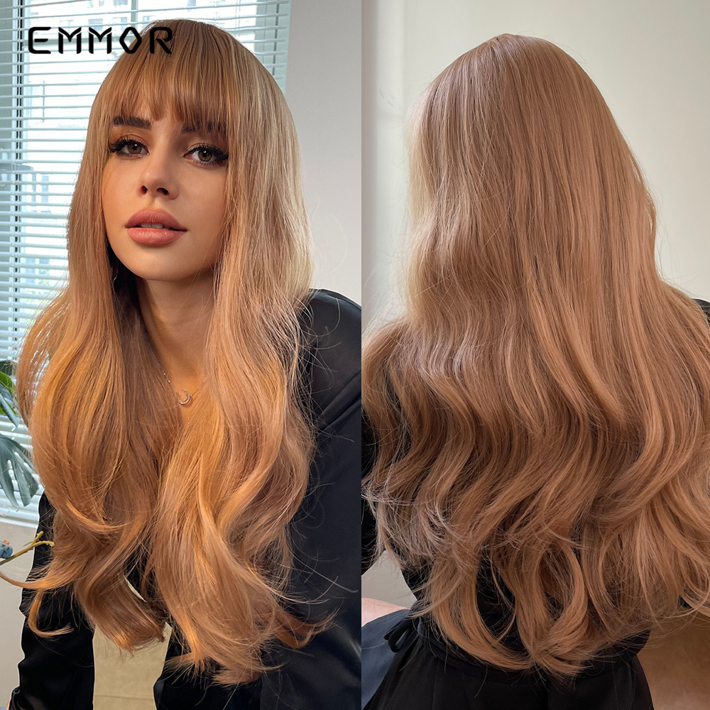 Synthetic Water Wave Wig for Women Natural Long Body Blonde Wigs with Bangs Heat Resistant Fiber Daily Cosplay Hair Wigfactory
