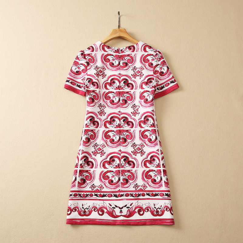 2023 Summer Red Paisley Print Bawełna sukienka z koralikami Krótkie rękawa okrągła szyja kryształa krótkie sukienki S3L070608