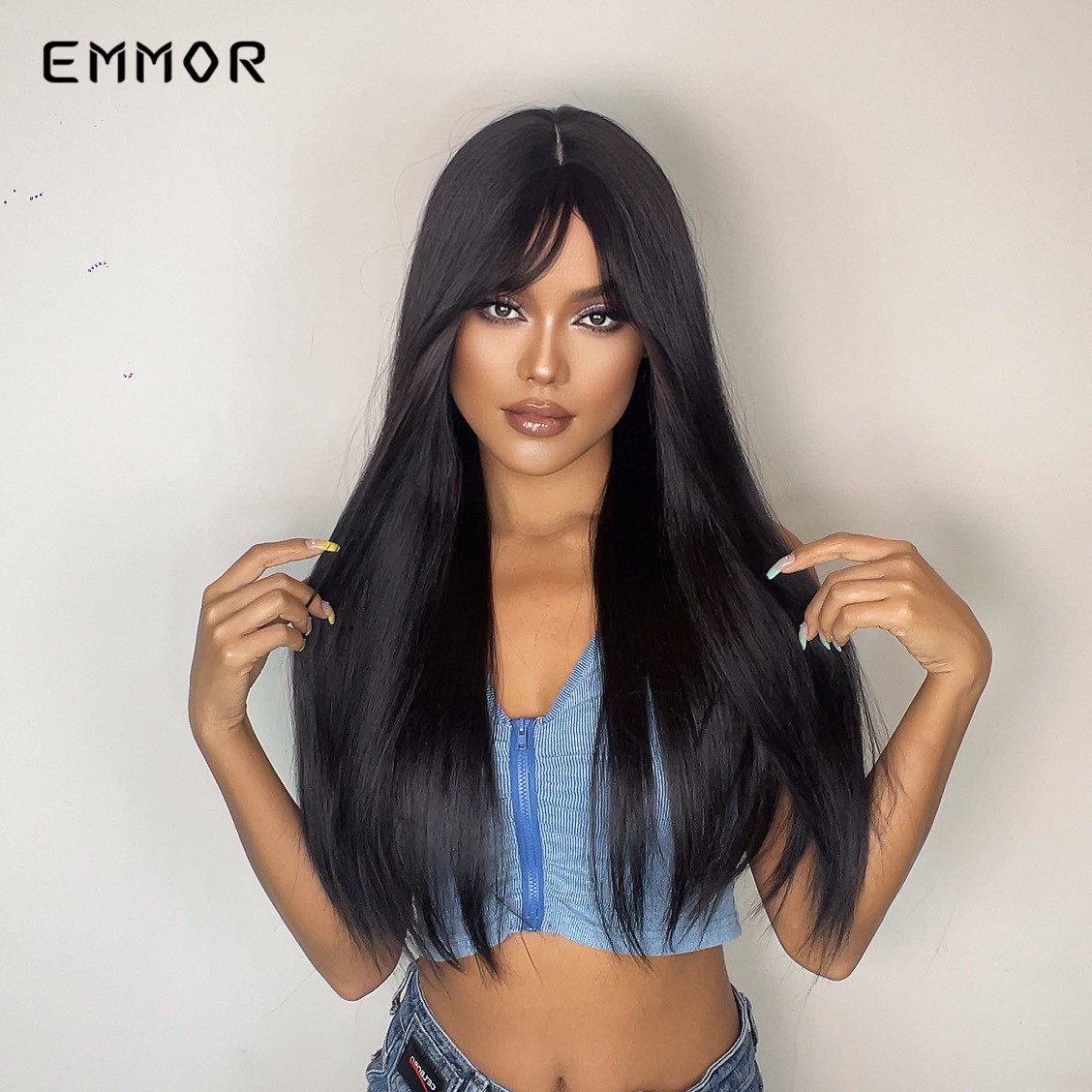 Synthetic Long Black Straight Wig With Bangs Hair Wigs Cosplay Natural Heat Resistant Wigs for Women Daily Hair Wigfactory di