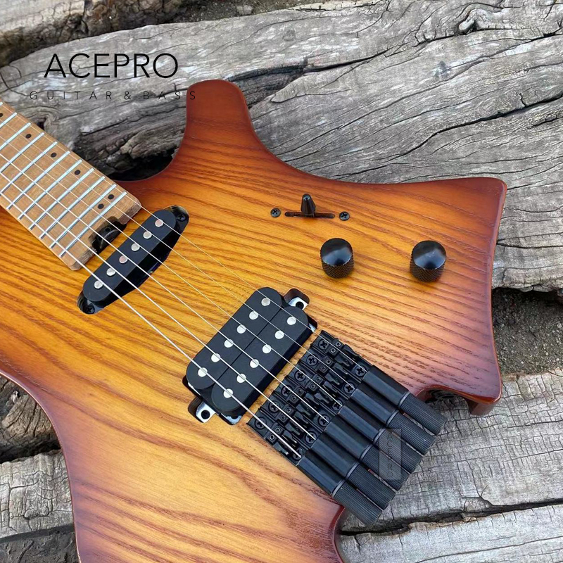 Acepro Chitarra elettrica senza testa Tasti in acciaio inossidabile Corpo in frassino Sunburst vintage Collo in acero arrosto Singolo + Pickup Humbucker