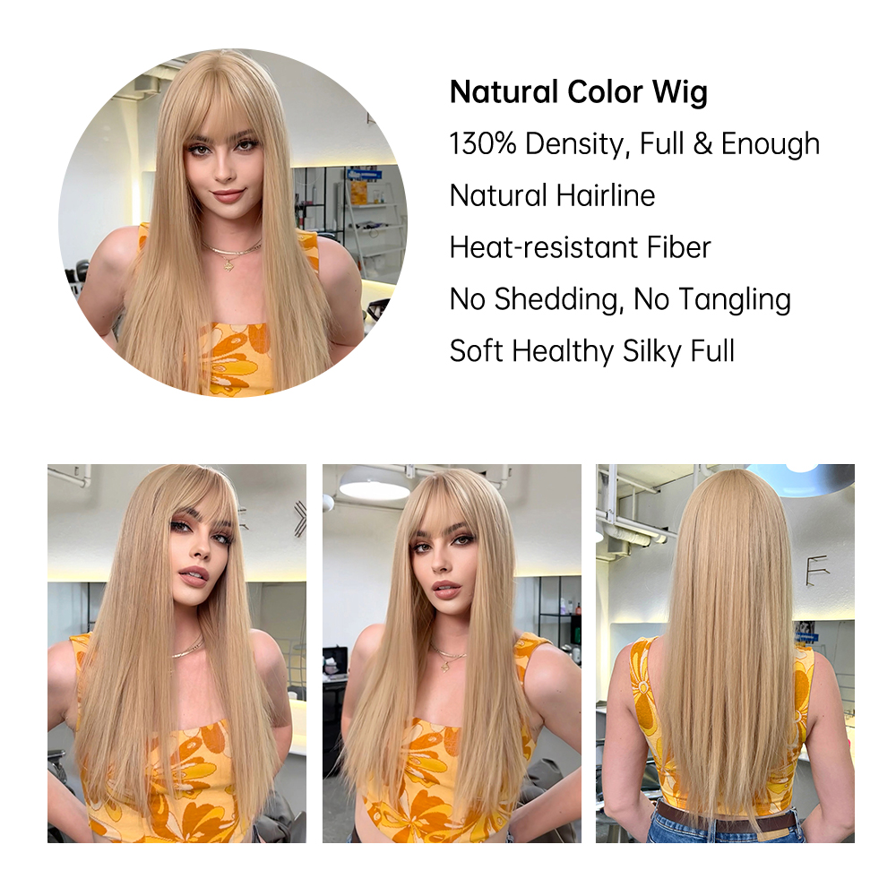 Lichte blonde lange rechte synthetische pruiken cosplay haarpruik met pony feest dagelijkse hittebestendige pruik voor damesfactory direct