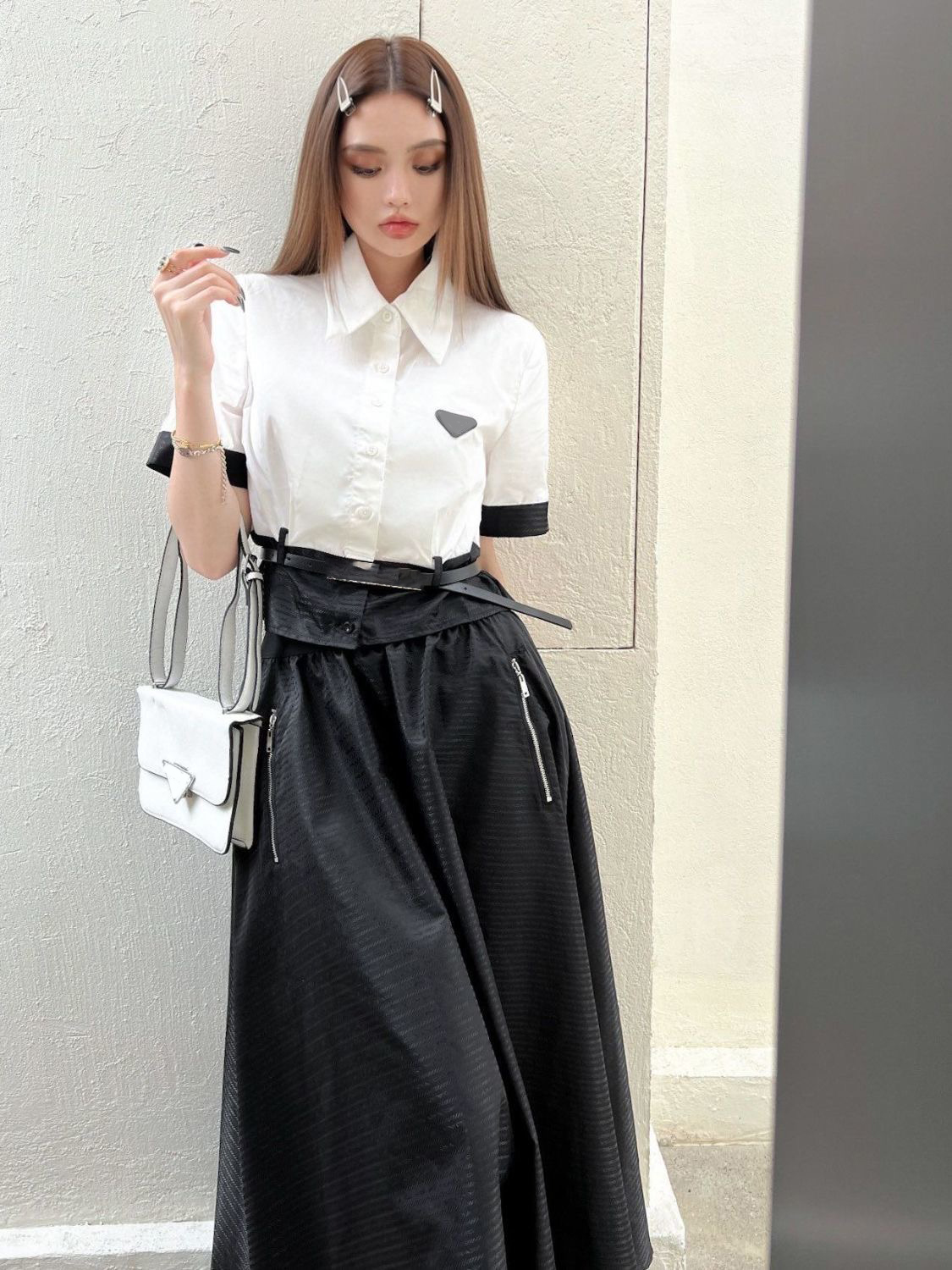 Two Piece Dress Women Fashion Black Long Skirts Vintage Ribbon Ruffle High Waist Wrinkle Split Skirt Elegent A-line Solid Color Skirts P008