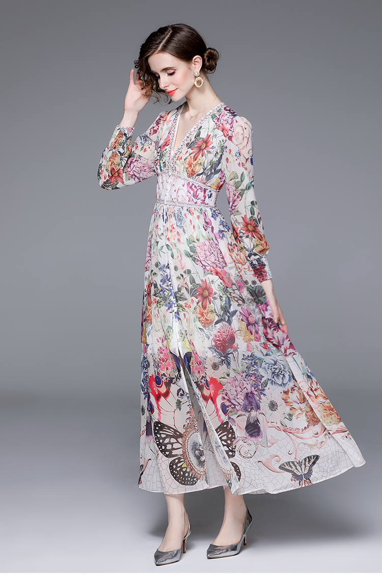 2023 Abiti casual New Runway Flower Elegante abito lungo in chiffon da donna Profondo scollo a V Manica lunga a lanterna Stampa floreale Holiday Party Split Robe