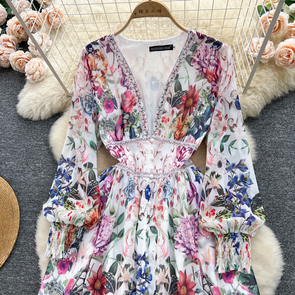 2023 Abiti casual New Runway Flower Elegante abito lungo in chiffon da donna Profondo scollo a V Manica lunga a lanterna Stampa floreale Holiday Party Split Robe