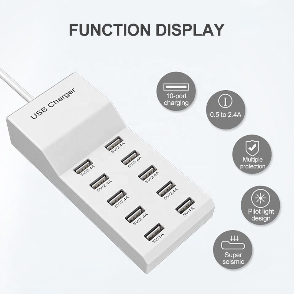 Cargador multipuerto USB 5V2.4A 10 puertos teléfono móvil carga fila enchufe 50W estación de carga carga rápida