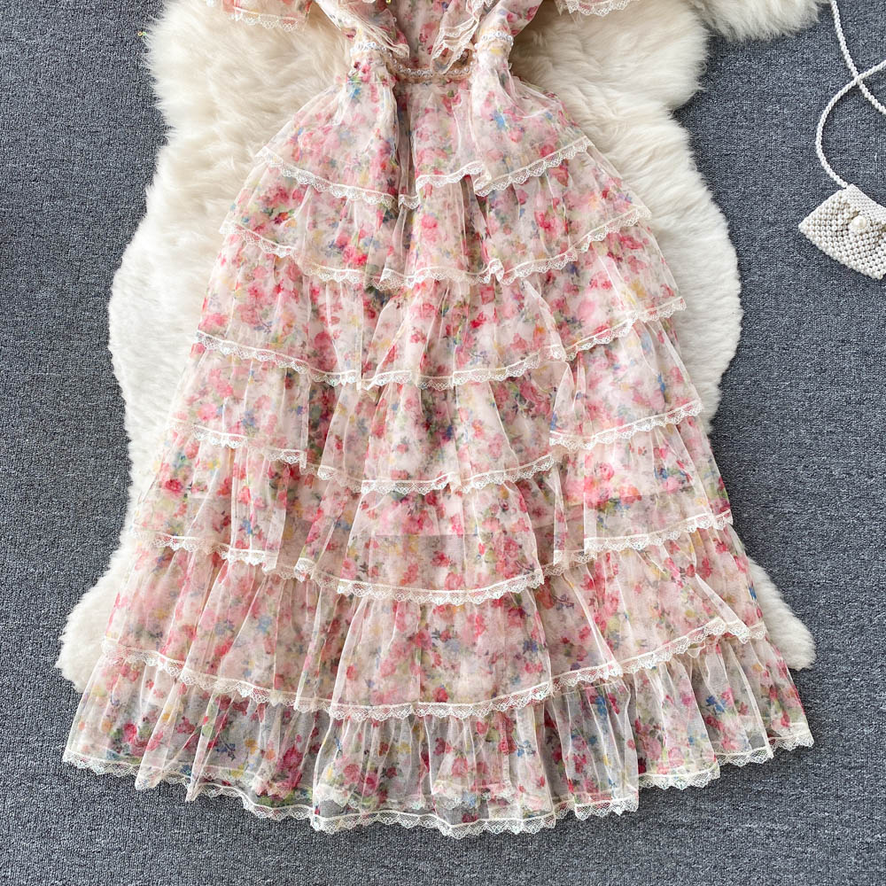 2023 Casual Dresses Designer Runway Fashion Midi Dress Summer Women Beaded V-Neck Mesh Flower Embroidery Ruffles Slim Cascading Dress