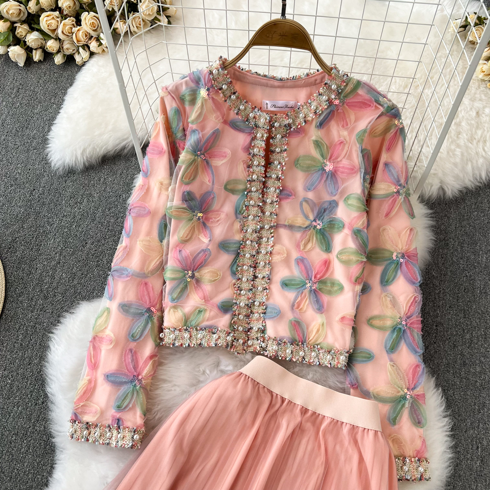 Two Piece Dress Autumn Winter Skirt Suit Women Long Sleeve Single Breasted Tweet Beaded Coats High Waist Maxi Pleated Skirt Sweet Sets 2023