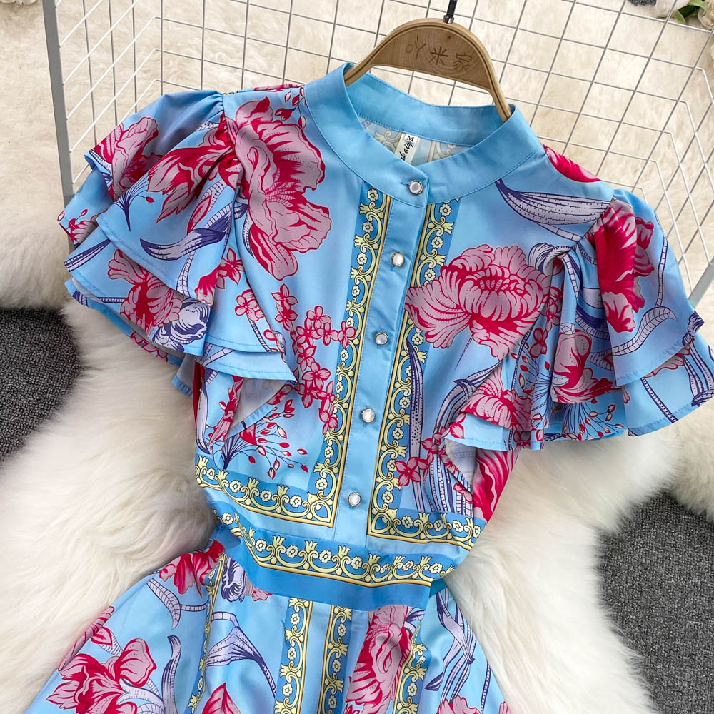 Casual Kleider 2023 Sommer Kleider für Frauen Fashion Runway Stehkragen Rüschen Kurzarm Blumen Druck Büro Dame Vestidos