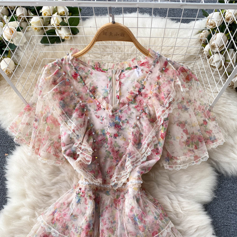 2023 Casual Dresses Designer Runway Fashion Midi Dress Summer Women Beaded V-Neck Mesh Flower Embroidery Ruffles Slim Cascading Dress