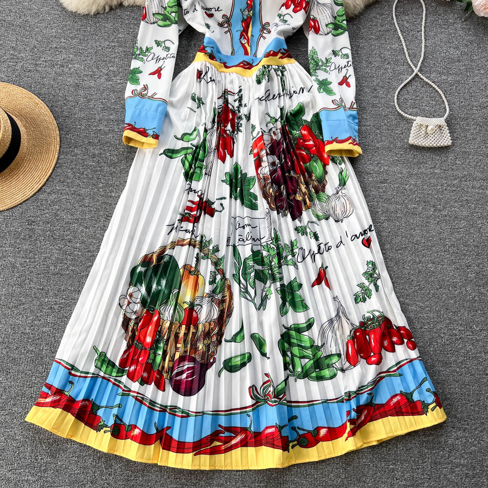 Casual Dresses 2023 Vintage Contrast Color Printed Long Party Dresses for Women 2023 Runway Elegant Turn Down Neck Long Sleeve Pleated Dress