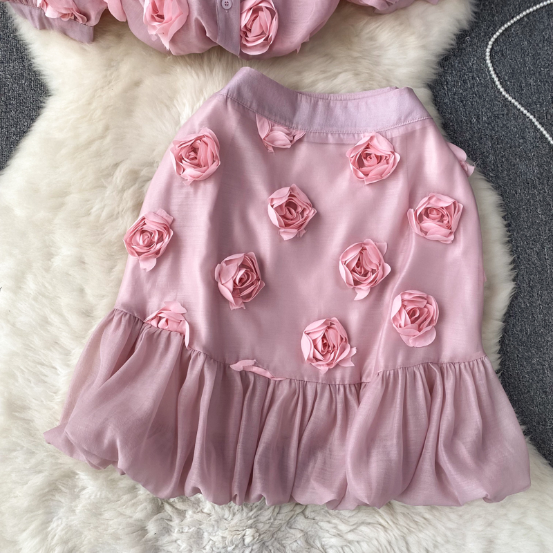 Two Piece Dress Summer Runway Suit Women's Lapel Puff Sleeve 3D Applique Flower Pink Blouses and Mini Ruffles Skirt 2635