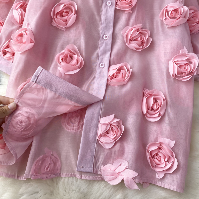 Two Piece Dress Summer Runway Suit Women's Lapel Puff Sleeve 3D Applique Flower Pink Blouses and Mini Ruffles Skirt 2635