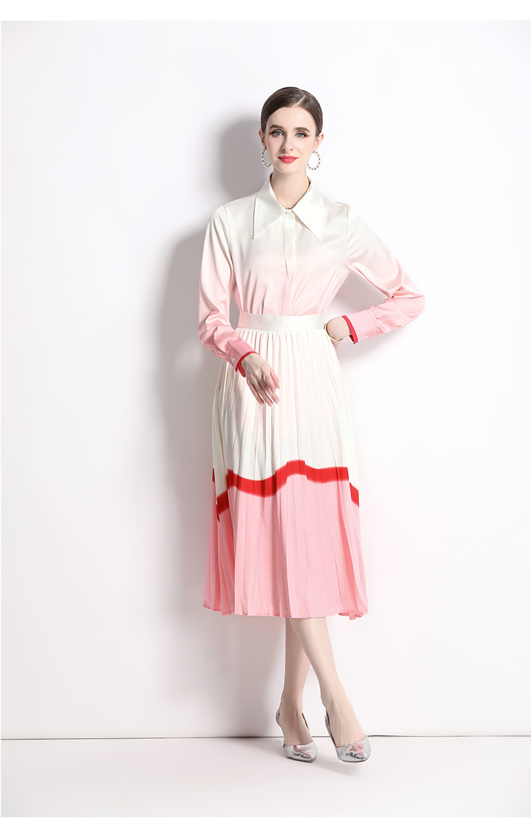 Tweedelige jurk Runway mode gradiënt print enkele rij knopen blouse met lange mouwen + een lijn plooirok 2 stuks sets dames midi-outfits 2023