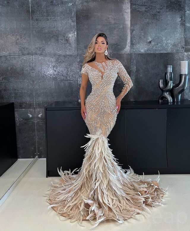 2023 Aso Ebi Meerjungfrau Champagner Abendkleid Perlen Kristalle Abend Formale Party Zweiter Empfang Geburtstag Brautjungfer Verlobungskleider Kleider Robe De Soiree ZJ353