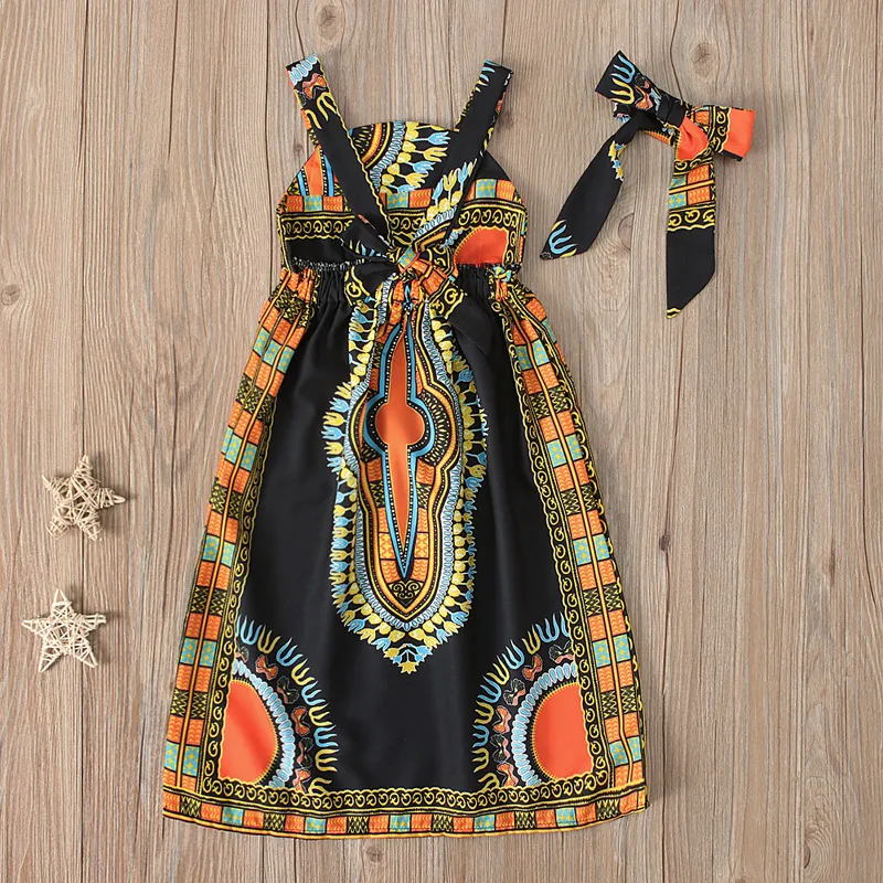 Sommar Bohemian Fashion Kids Dresses Children Girls Sleeveless Suspender Dress med pannband