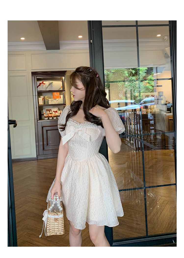 2023 Casual Dresses French Square Collar Beaded Princess Summer Bow Short Sleeve Dress Women Elegant Party A-line Vintage Sweet Vestidos