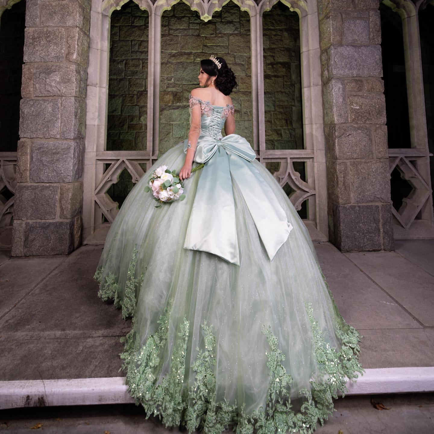 Abiti Quinceanera verde menta Sweet 16 Girls Princess Ball Gown Appliques Bow Birthday Party Prom Dress Pageant Miss Gala Vestido De 15 Anos