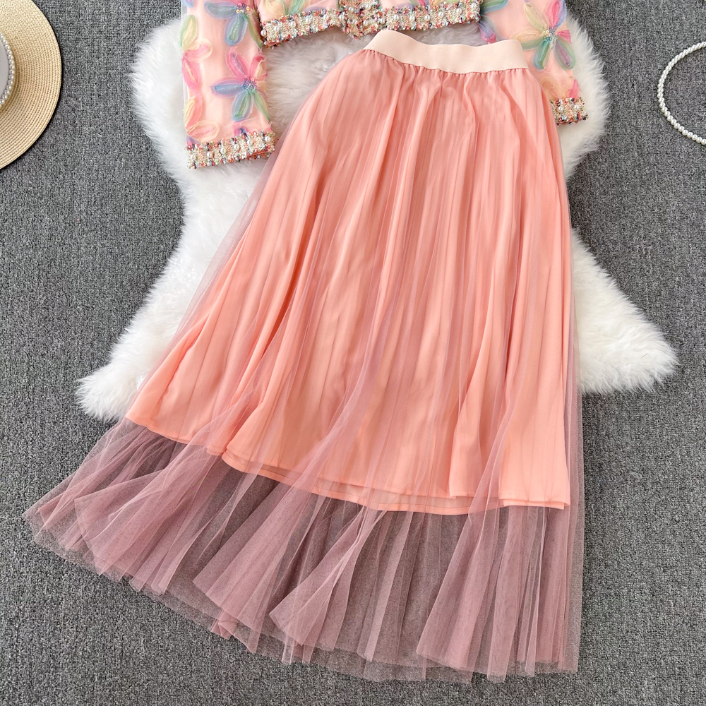 Two Piece Dress Autumn Winter Skirt Suit Women Long Sleeve Single Breasted Tweet Beaded Coats High Waist Maxi Pleated Skirt Sweet Sets 2023