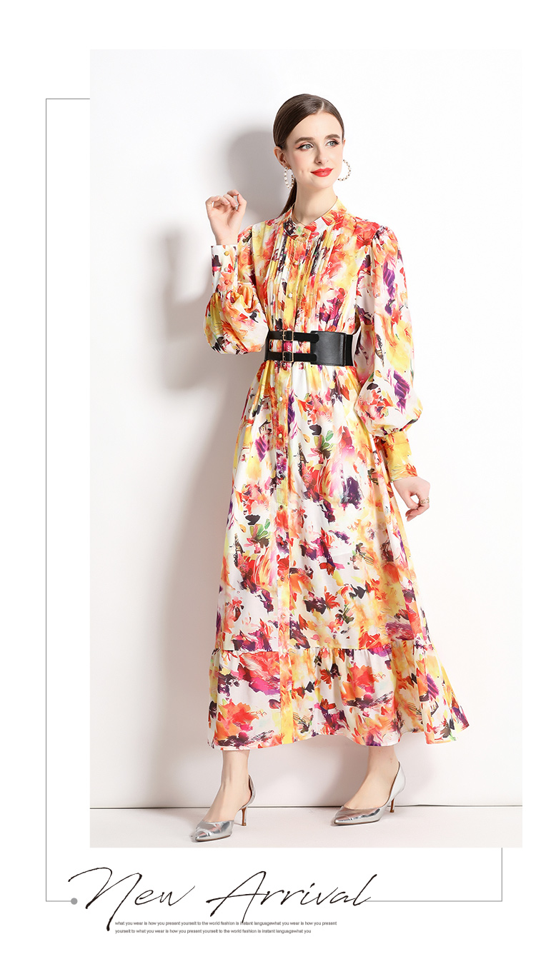 Autumn Charming Vintage Yellow Floral Printed Long Party Dress for Women Runway Designers Ruched Stand Collar Lantern Sleeve Maxi Dress 2023