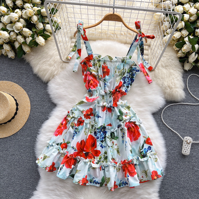 Casual Dresses 2023 Summer Slapp Neck Flower Beach Short Dress Women's Bow Spaghetti Strap Elastic Midje Holiday Ruffles Cascading Dress