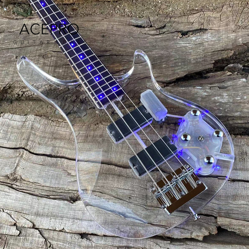 Blaue LEDs leuchten 4 Saiten Acryl E-Bass Ahornhals Palisander Griffbrett Hohe Qualität Kostenloser Versand